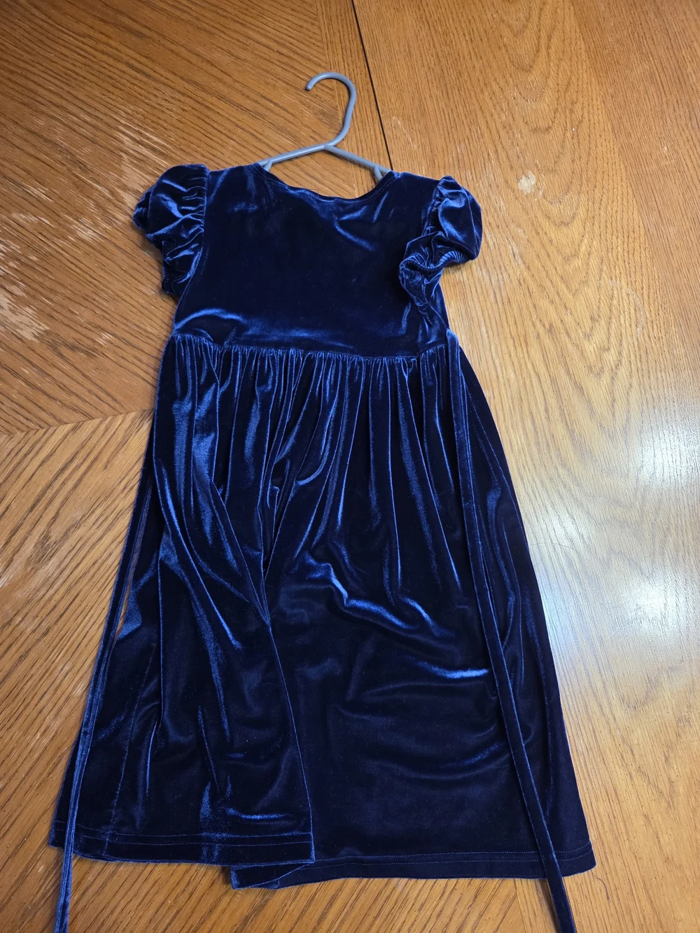 Navy Velvet Girls' Dress with Floral Embroidery